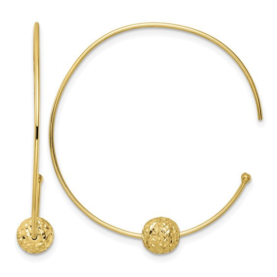 14 Karat Yellow Gold Wire Hoops Diamond-Cut Bead Earrings