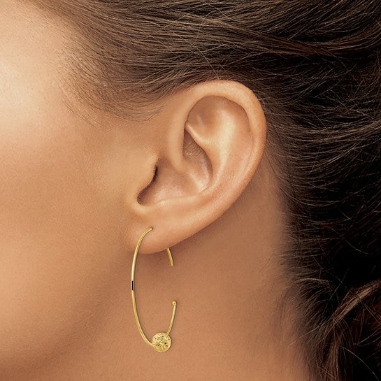 14 Karat Yellow Gold Wire Hoops Diamond-Cut Bead Earrings