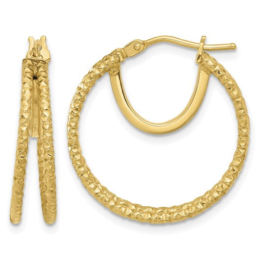 14 Karat Yellow Gold Polished And Textured Double Circle Hoop Earrings