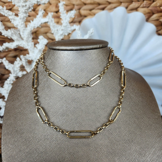 14 Karat Yellow Gold Fancy Rolo And Paper Clip Link Station Necklace, 30"