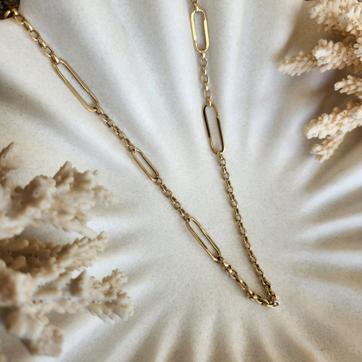 14 Karat Yellow Gold Fancy Rolo And Paper Clip Link Station Necklace, 30"