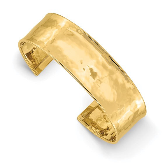 14 Karat Yellow Gold Hammered Polished Cuff Bangle 19 Mm Wide