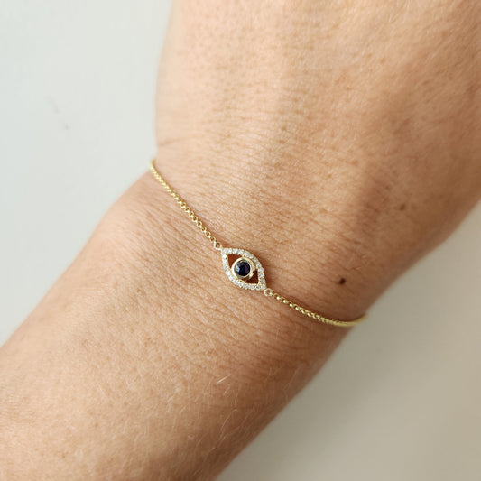 14 Karat Yellow Gold Sapphire & Diamond Evil Eye Bracelet, 7+1"