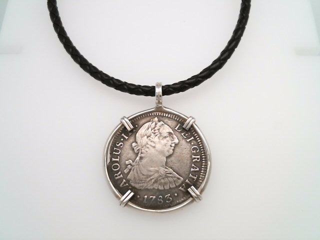 Sterling Silver Carlos II 2 Reales Coin Set In Prong Set Silver Bezel Pendant