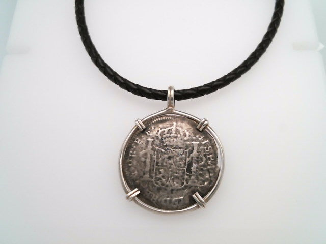 Sterling Silver Carlos II 2 Reales Coin Set In Prong Set Silver Bezel Pendant