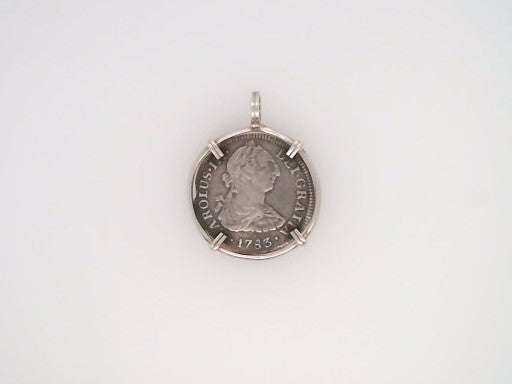 Sterling Silver Carlos II 2 Reales Coin Set In Prong Set Silver Bezel Pendant
