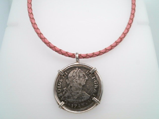 Sterling Silver Carlos III 2 Reales Coin Set In Prong Set Silver Bezel Pendant