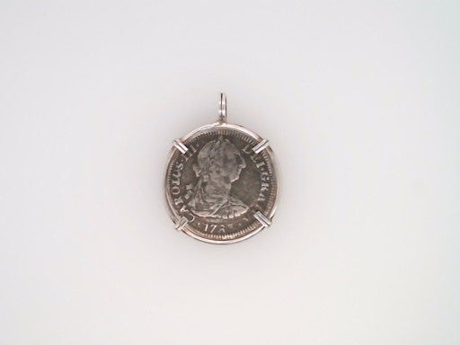 Sterling Silver Carlos III 2 Reales Coin Set In Prong Set Silver Bezel Pendant