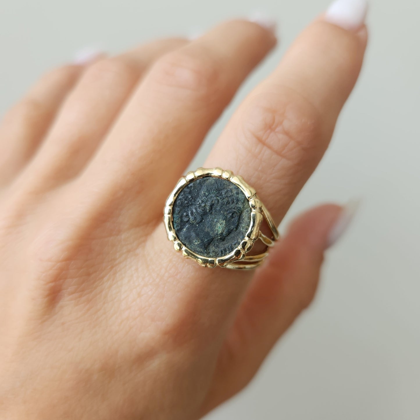 14 Karat Yellow Gold Ancient Bronze Roman Empire Coin Ring
