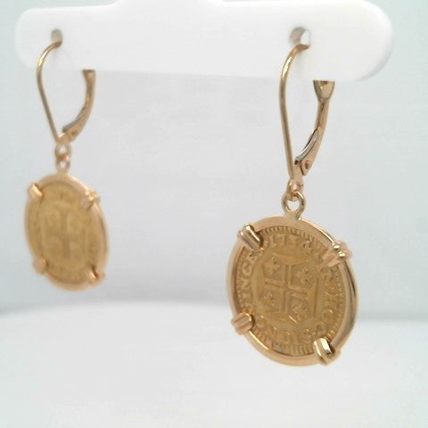 Portuguese Gold 400 Reis Coin Dangle Earrings Prong Set In 14 Karat Yellow Gold Bezel