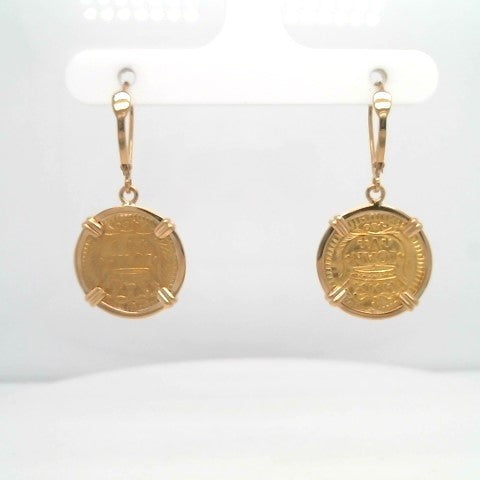 Portuguese Gold 400 Reis Coin Dangle Earrings Prong Set In 14 Karat Yellow Gold Bezel