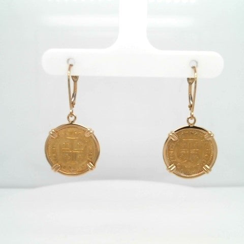 Portuguese Gold 400 Reis Coin Dangle Earrings Prong Set In 14 Karat Yellow Gold Bezel