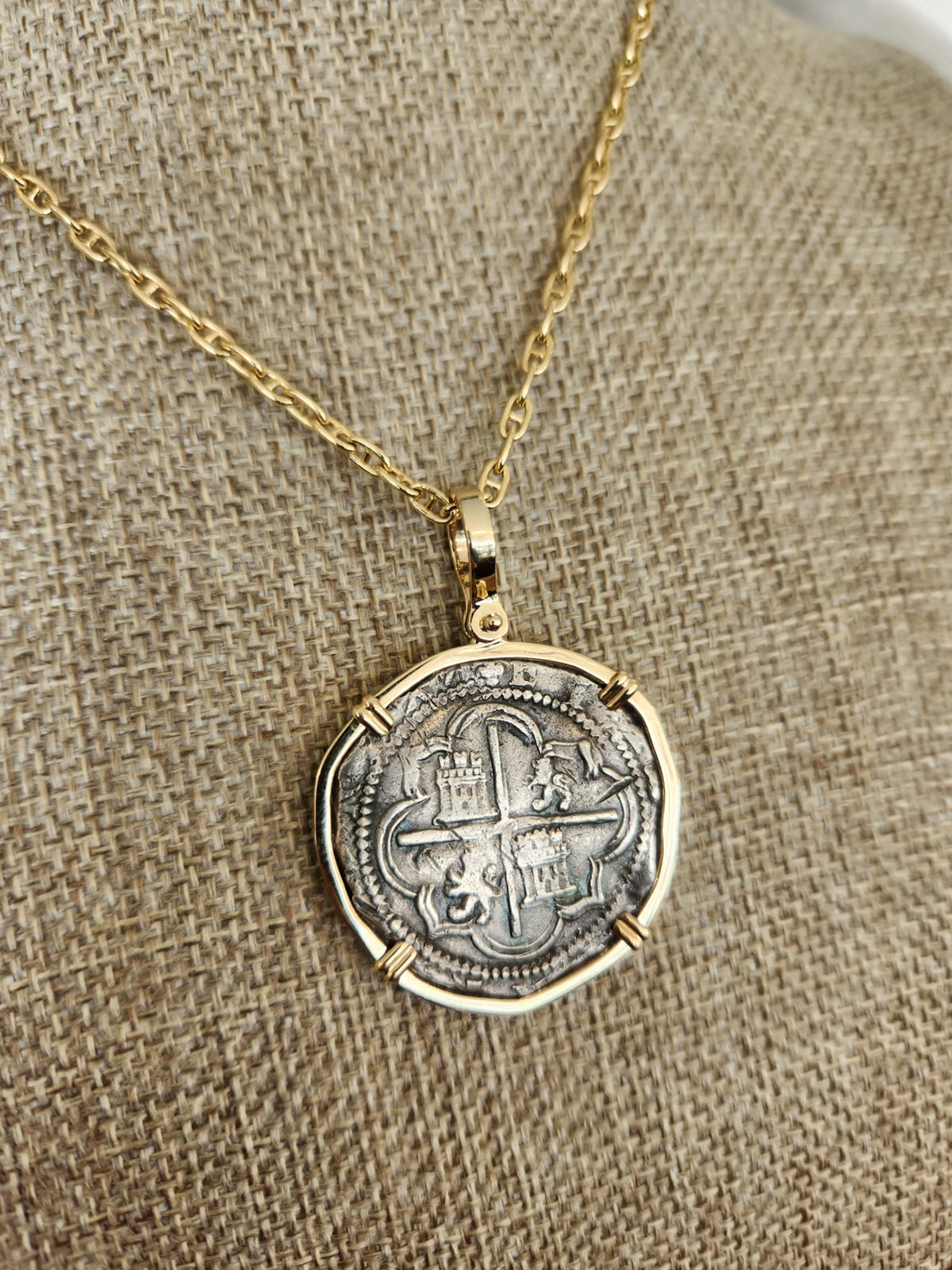 Spanish  4 Reale in 14K Yellow Pendant 

Date: Late 1500s
Mint: Pot