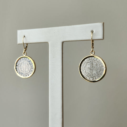 14 Karat Yellow Gold & Silver 1 Reale Spanish Coin Bezel Earrings With Leverbacks