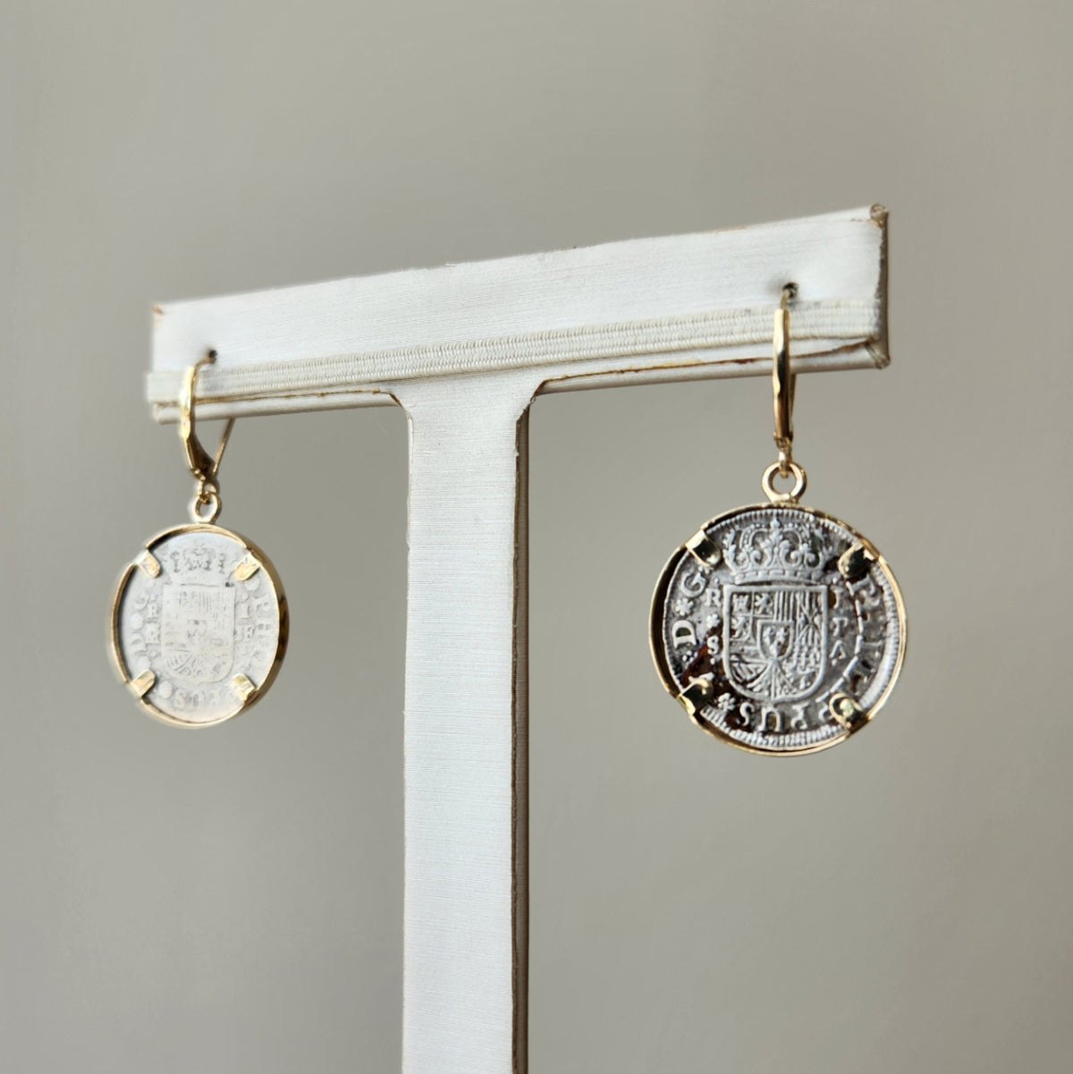 14 Karat Yellow Gold & Silver 1 Reale Spanish Coin Bezel Earrings With Leverbacks