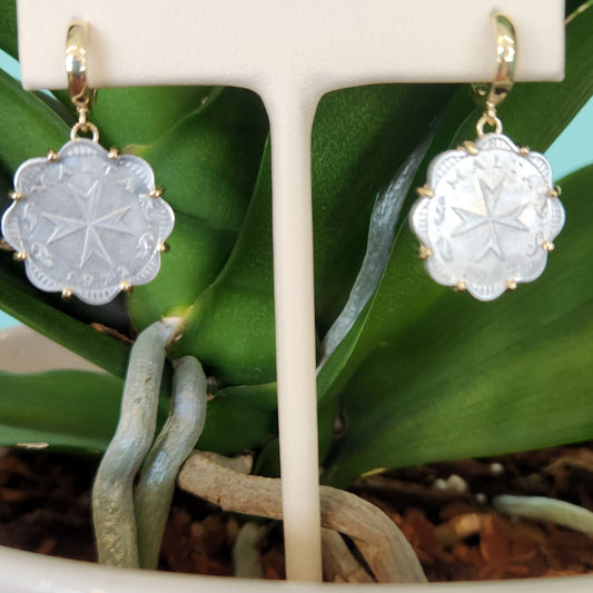 14 Karat Yellow Gold Maltese Coin Dangle Earrings