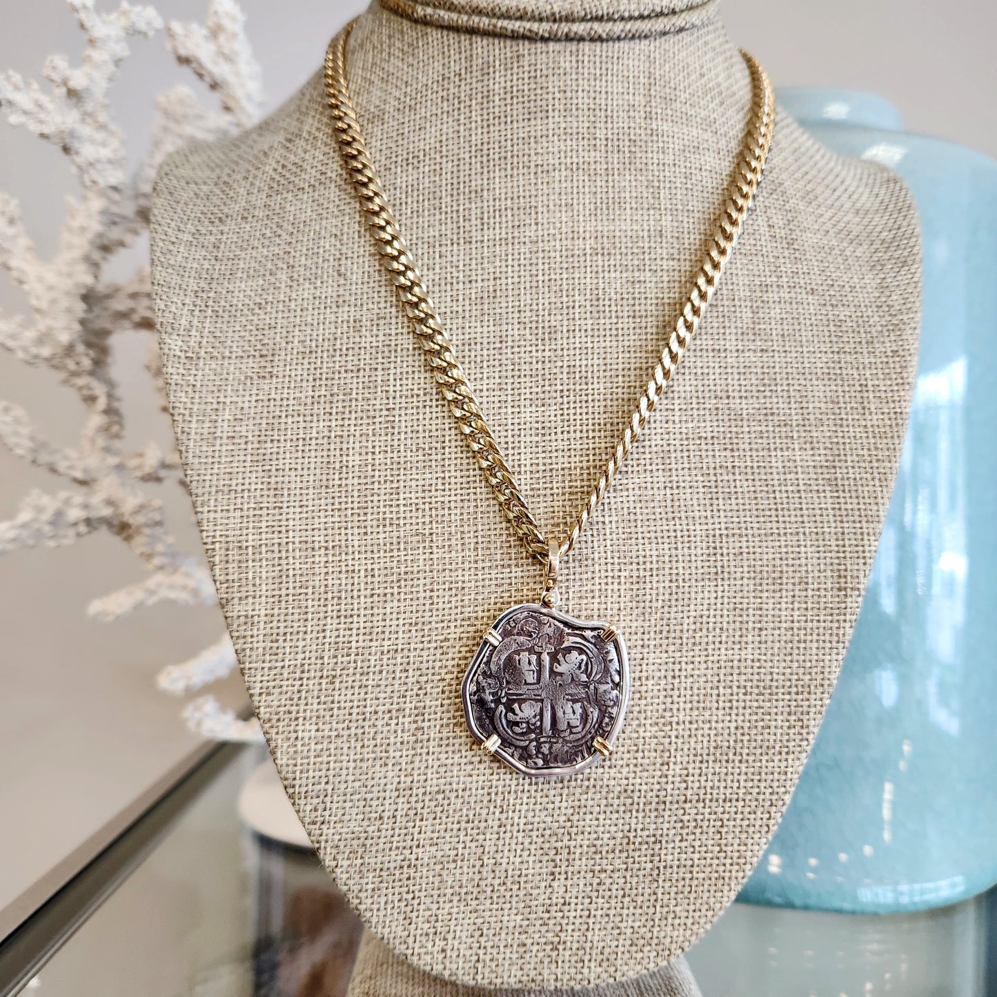 Spanish 4 Reales Coin in Sterling Silver and 14K Yellow Gold Bezel