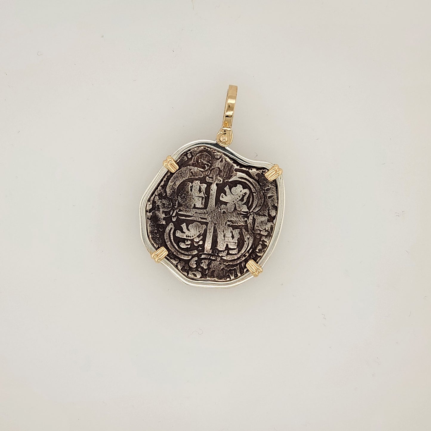 Spanish 4 Reales Coin in Sterling Silver and 14K Yellow Gold Bezel