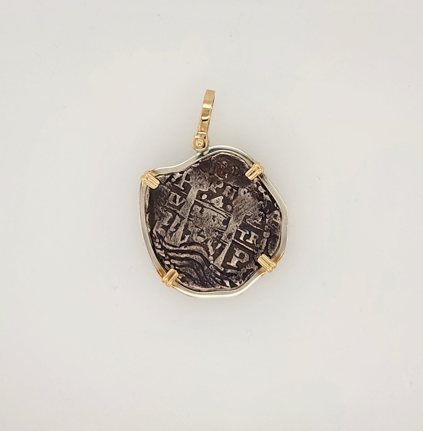Spanish 4 Reales Coin in Sterling Silver and 14K Yellow Gold Bezel