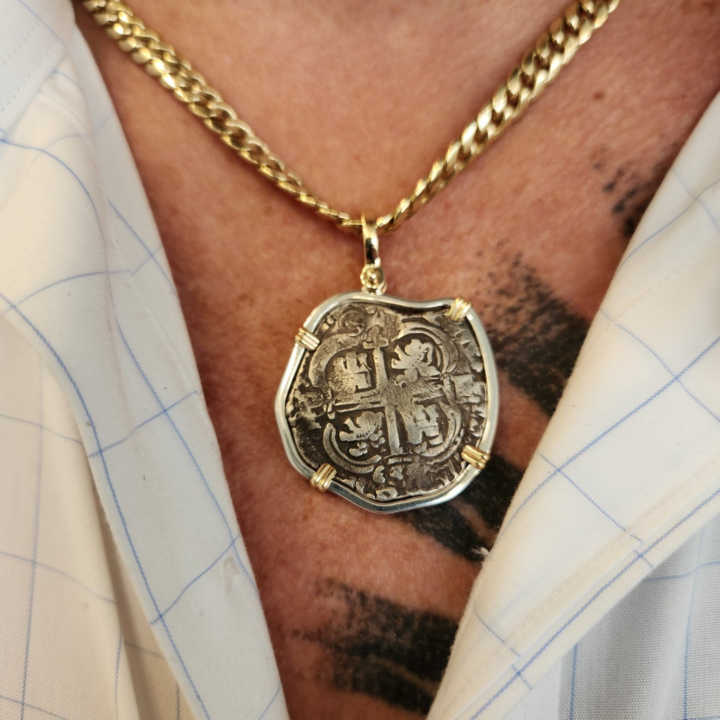 Spanish 4 Reales Coin in Sterling Silver and 14K Yellow Gold Bezel