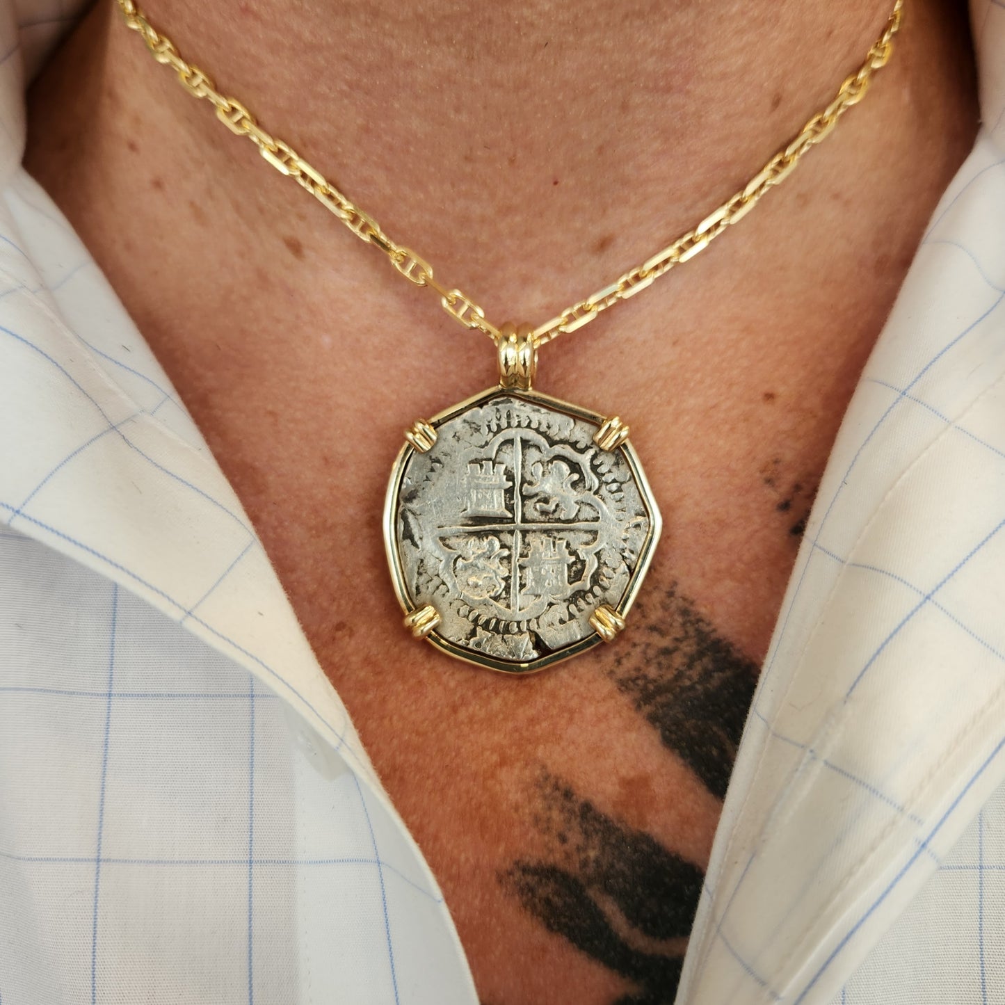 Spanish 4 Reales Coin in 14K Yellow Gold Bezel