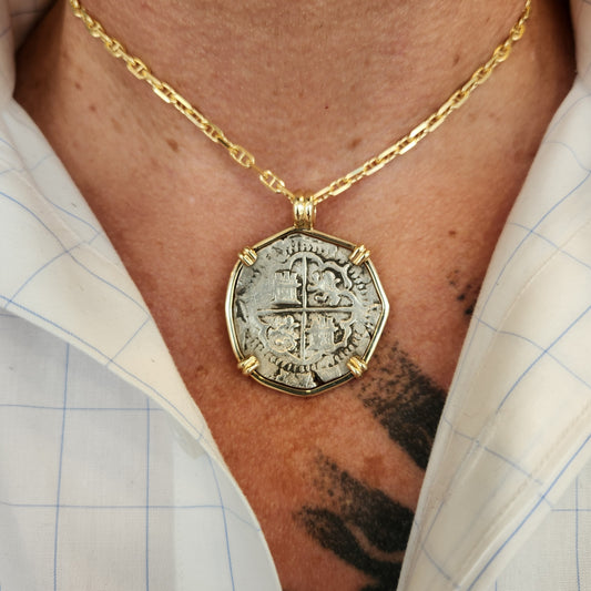 Spanish 4 Reales Coin in 14K Yellow Gold Bezel