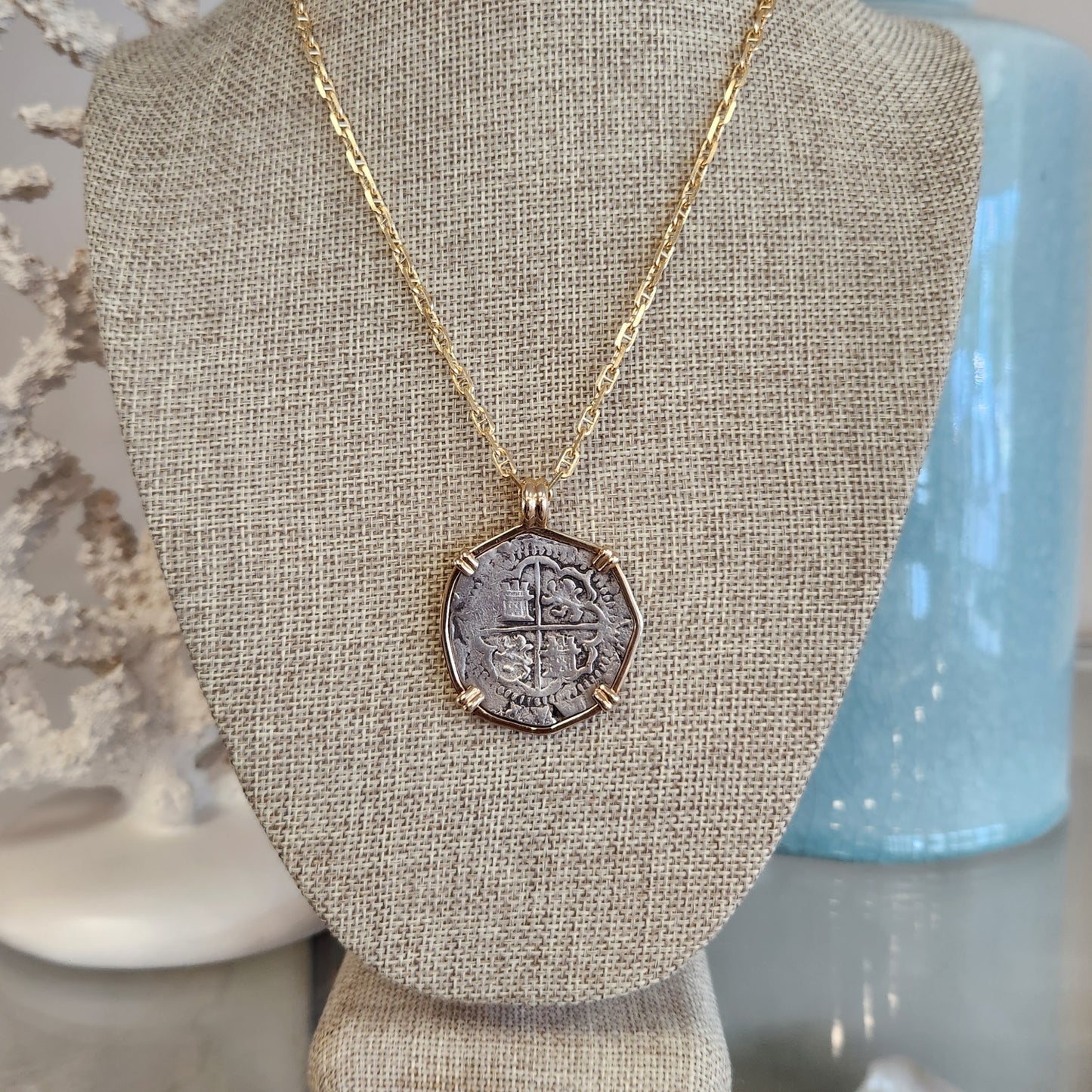 Spanish 4 Reales Coin in 14K Yellow Gold Bezel