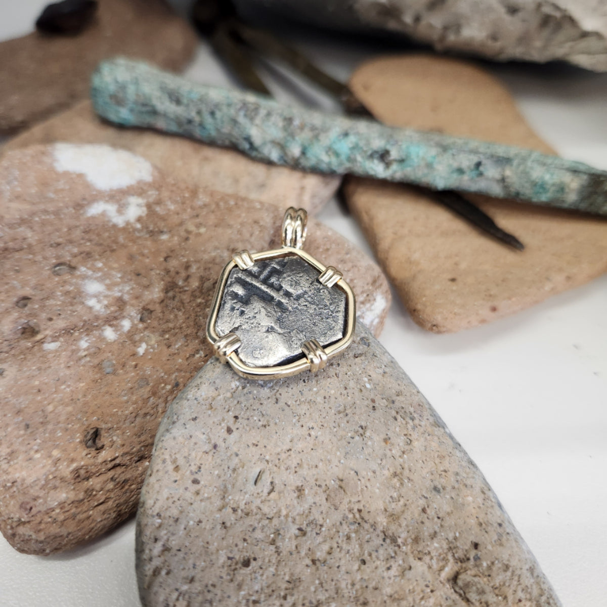 Spanish 2 Reales Coin in 14K Yellow Gold Bezel