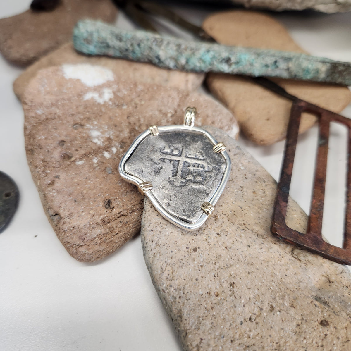 1715 Fleet Spanish 4 Reales Coin in Sterling Silver and 14K Yellow Gold Bezel
