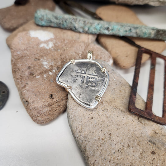 1715 Fleet Spanish 4 Reales Coin in Sterling Silver and 14K Yellow Gold Bezel