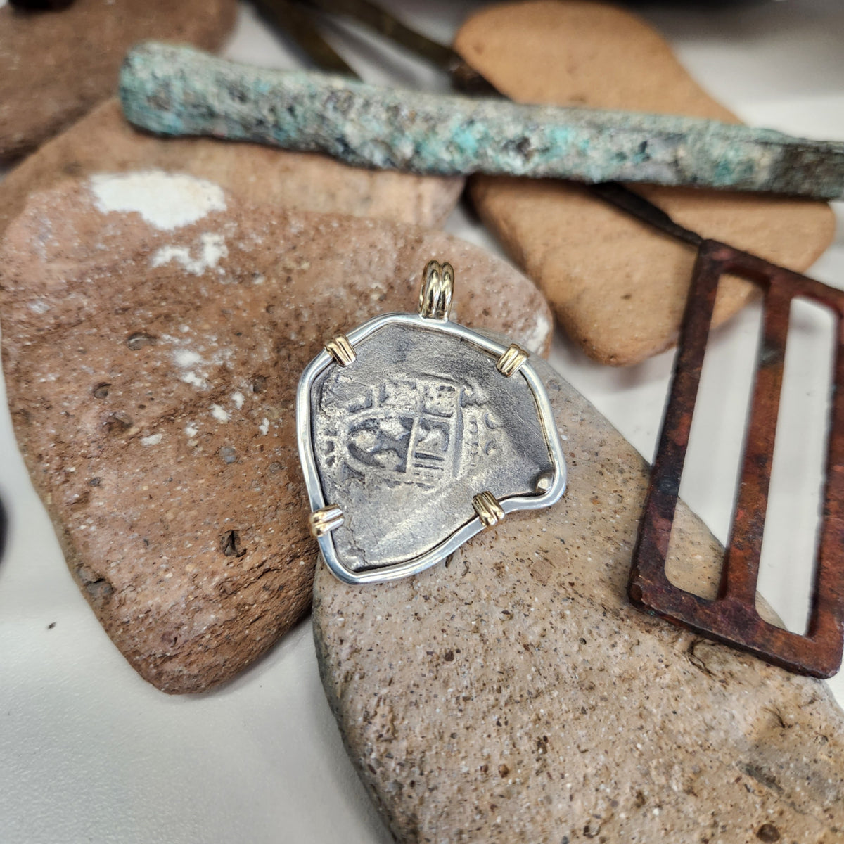 1715 Fleet Spanish 4 Reales Coin in Sterling Silver and 14K Yellow Gold Bezel