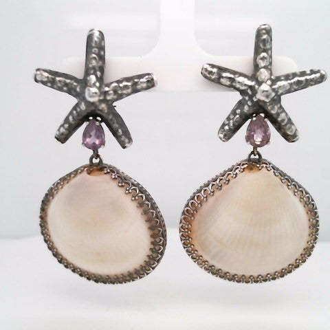 Sterling Silver Vero Beach White Clam Shell & Amethyst Starfish Motif Dangle Earrings With Oxidized Finish