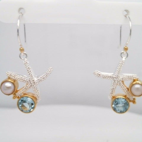 Sterling Silver And 22 Karat Gold Vermeil Starfish Earrings With 2 Sky Blue Topaz And 2 White Freshwater Pearls