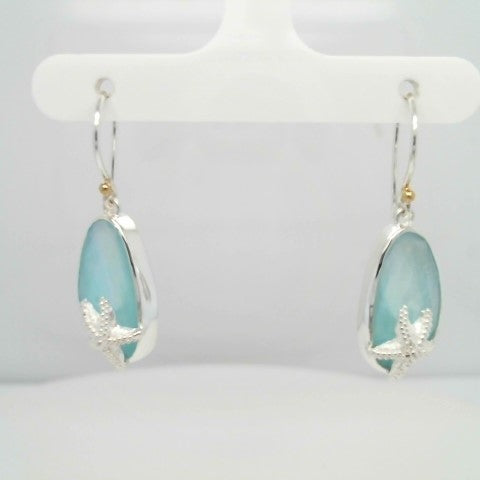 Sterling Silver & 22 Karat Yellow Gold Vermeil Starfish Earrings with Amazonite & Checkerboard Cut Clear Quartz