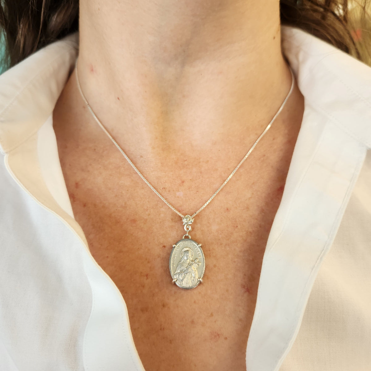 Sterling Silver Pendant With Floral Bail Set With Vintage St. Therese Italian Medallion