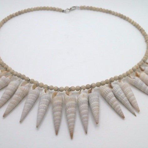 Sterling Silver Beige Marble And Florida Auger Seashell "Spike" Necklace 18.5"