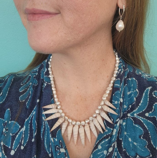 Sterling Silver White Freshwater Pearl And Florida Auger Seashell "Spike" Necklace 18.5"