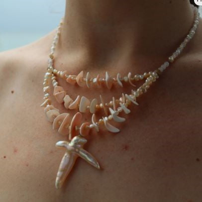 Sterling Silver Shell, Rose Quartz, & Freshwater Pearl 3-Strand Necklace 17"