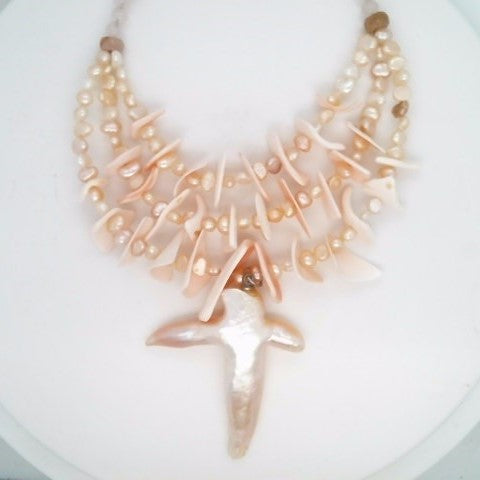 Sterling Silver Shell, Rose Quartz, & Freshwater Pearl 3-Strand Necklace 17"