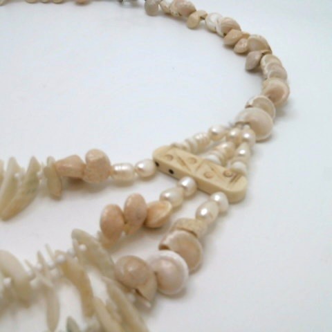 Sterling Silver Shell, Bone, White Coral, & Freshwater Pearl 3-Strand Necklace 18.5"-24"