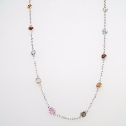 Sterling Silver Bezel Set Multi Gem "By The Yard" Style Necklace 18" With A Loop At 16" And 17" For Adjustable Length