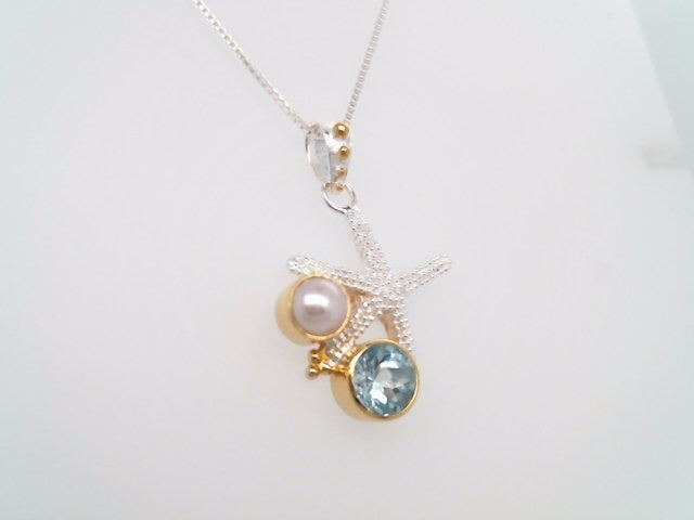 Sterling Silver And 22 Karat Gold Vermeil Starfish Necklace With 1 Round Sky Blue Topaz And 1 White Freshwater Pearl 18" Chain Included