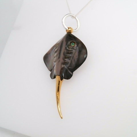 Sterling Silver With 22 Karat Gold Vermeil Carved Mother Of Pearl Stingray With 2 Emerald Eyes 18 " Chain Included