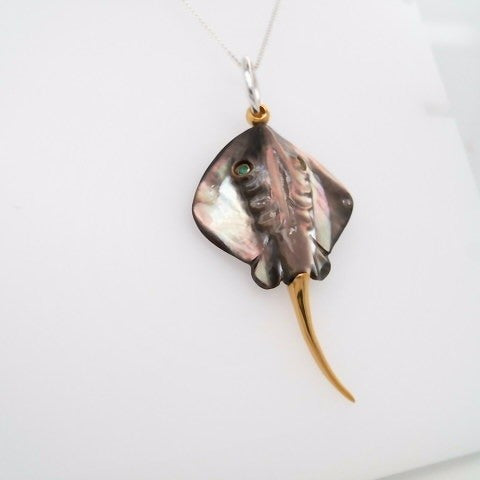 Sterling Silver With 22 Karat Gold Vermeil Carved Mother Of Pearl Stingray With 2 Emerald Eyes 18 " Chain Included