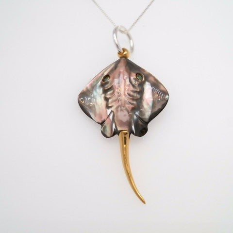 Sterling Silver With 22 Karat Gold Vermeil Carved Mother Of Pearl Stingray With 2 Emerald Eyes 18 " Chain Included