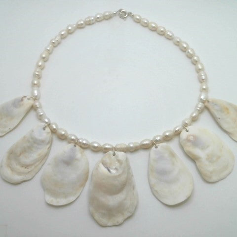 Sterling Silver Indian River Oyster Shell And Freshwater Pearl Necklace 19"