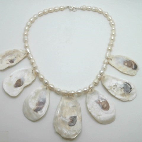 Sterling Silver Indian River Oyster Shell And Freshwater Pearl Necklace 19"