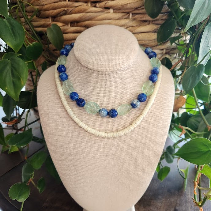 Sterling Silver Carved Fluorite & Faceted Sodalite Bead Necklace 16"