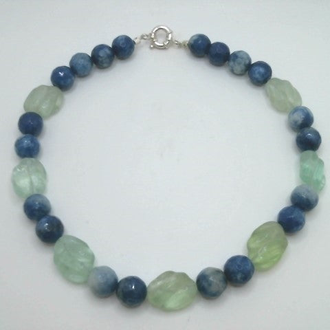 Sterling Silver Carved Fluorite & Faceted Sodalite Bead Necklace 16"