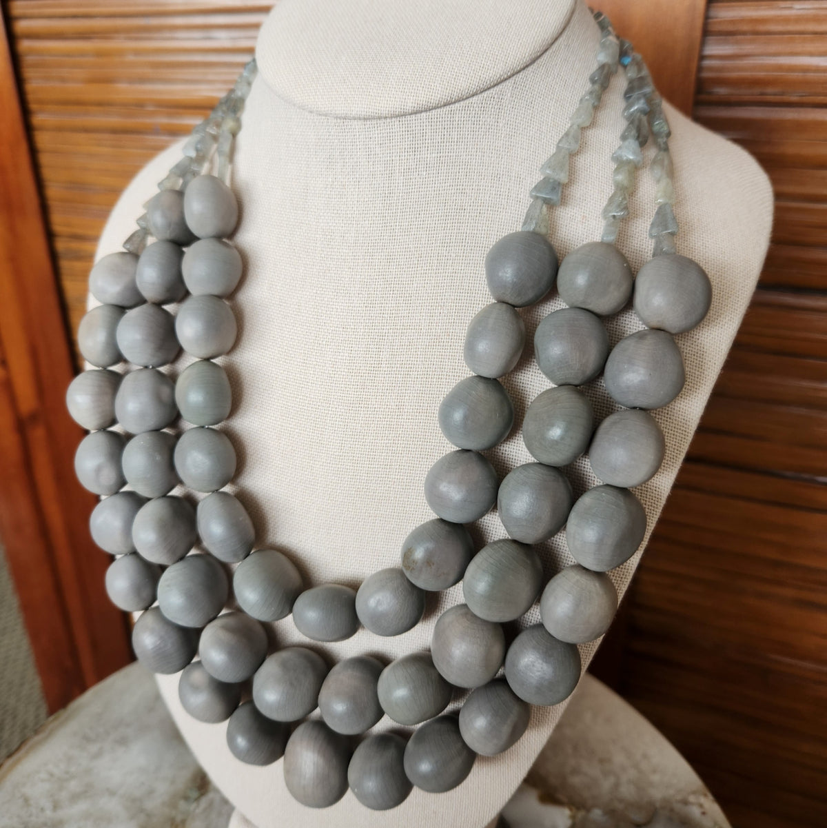 Sterling Silver Vero Beach Knicker Bean & Labradorite Bead Triple Strand Necklace, 24.5"